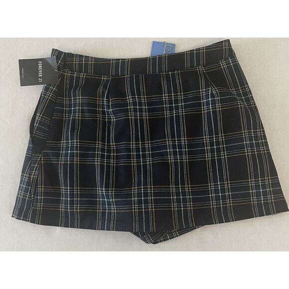 Forever 21 Sz. S Plaid skort with pockets, side zipper, Navy, Green & Gold - Picture 3 of 6